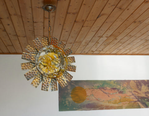 Vintage Italian Murano Style Pendant Light 1970s | Brutalist Space Age Amber Art Glass Hanging Lamp | Sunburst Ceiling Light
