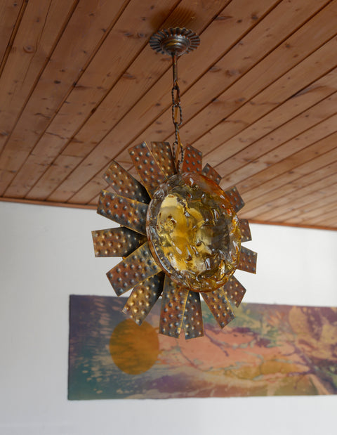 Vintage Italian Murano Style Pendant Light 1970s | Brutalist Space Age Amber Art Glass Hanging Lamp | Sunburst Ceiling Light