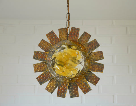 Vintage Italian Murano Style Pendant Light 1970s | Brutalist Space Age Amber Art Glass Hanging Lamp | Sunburst Ceiling Light