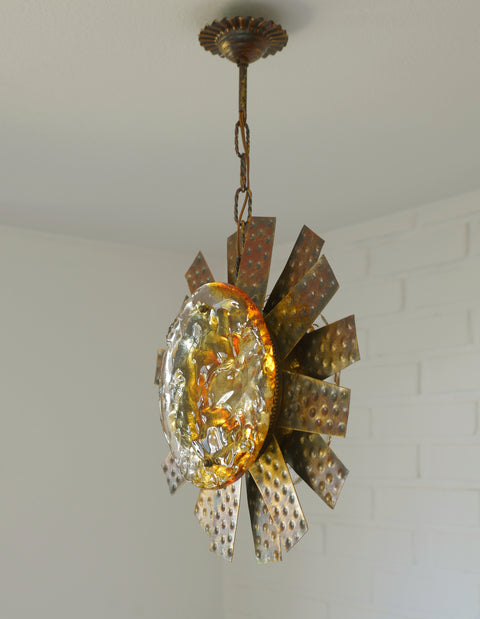 Vintage Italian Murano Style Pendant Light 1970s | Brutalist Space Age Amber Art Glass Hanging Lamp | Sunburst Ceiling Light