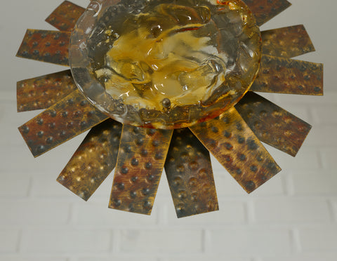 Vintage Italian Murano Style Pendant Light 1970s | Brutalist Space Age Amber Art Glass Hanging Lamp | Sunburst Ceiling Light