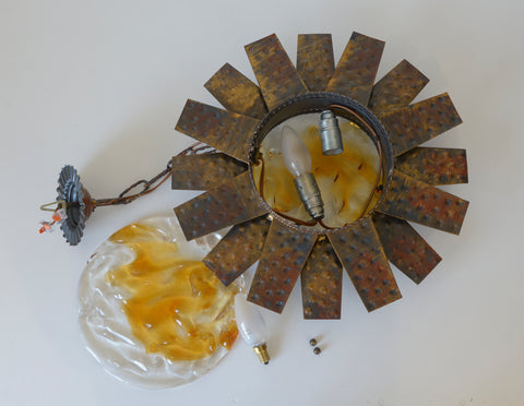 Vintage Italian Murano Style Pendant Light 1970s | Brutalist Space Age Amber Art Glass Hanging Lamp | Sunburst Ceiling Light