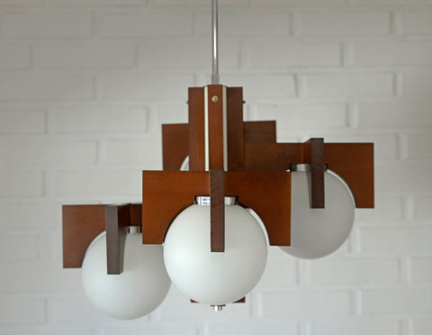 Vintage Brutalist Mid Century Wooden Chandelier / Yugoslavia 1970's