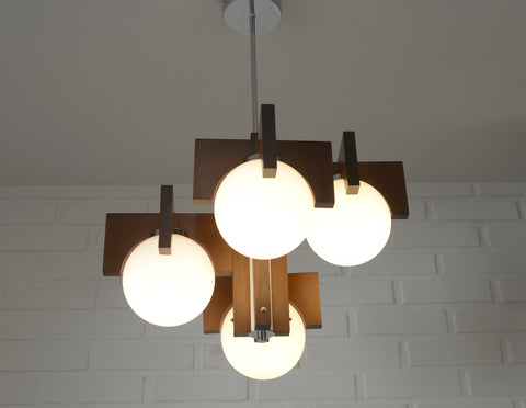 Vintage Brutalist Mid Century Wooden Chandelier / Yugoslavia 1970's