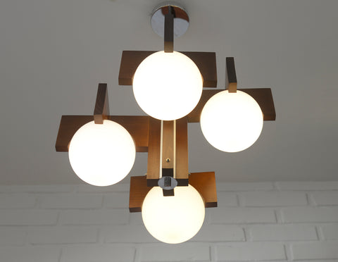Vintage Brutalist Mid Century Wooden Chandelier / Yugoslavia 1970's