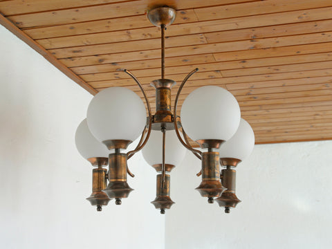 Vintage Copper Chandelier with 5 Milk Glass Globes, Yugoslavia 1970s, Mid Century Pendant Lamp, Rustic Farmhouse Ceiling Light