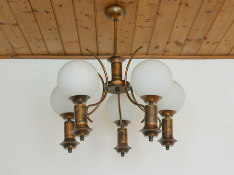Vintage Copper Chandelier with 5 Milk Glass Globes, Yugoslavia 1970s, Mid Century Pendant Lamp, Rustic Farmhouse Ceiling Light