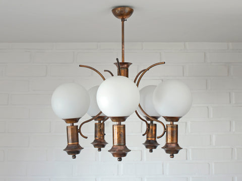 Vintage Copper Chandelier with 5 Milk Glass Globes, Yugoslavia 1970s, Mid Century Pendant Lamp, Rustic Farmhouse Ceiling Light