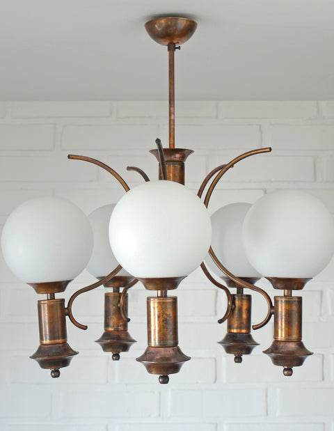 Vintage Copper Chandelier with 5 Milk Glass Globes, Yugoslavia 1970s, Mid Century Pendant Lamp, Rustic Farmhouse Ceiling Light