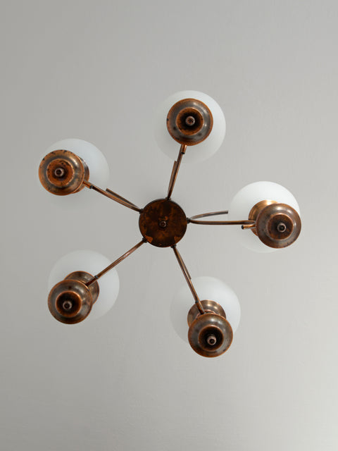 Vintage Copper Chandelier with 5 Milk Glass Globes, Yugoslavia 1970s, Mid Century Pendant Lamp, Rustic Farmhouse Ceiling Light