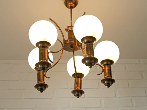 Vintage Copper Chandelier with 5 Milk Glass Globes, Yugoslavia 1970s, Mid Century Pendant Lamp, Rustic Farmhouse Ceiling Light