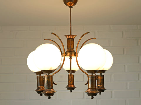Vintage Copper Chandelier with 5 Milk Glass Globes, Yugoslavia 1970s, Mid Century Pendant Lamp, Rustic Farmhouse Ceiling Light