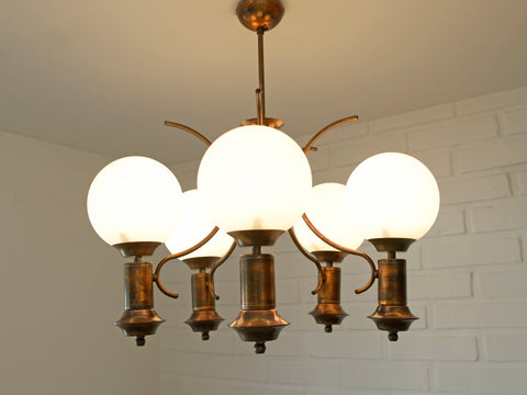 Vintage Copper Chandelier with 5 Milk Glass Globes, Yugoslavia 1970s, Mid Century Pendant Lamp, Rustic Farmhouse Ceiling Light