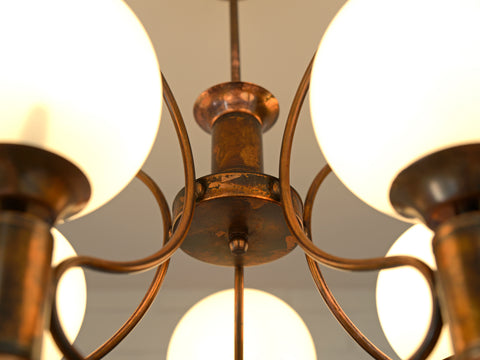 Vintage Copper Chandelier with 5 Milk Glass Globes, Yugoslavia 1970s, Mid Century Pendant Lamp, Rustic Farmhouse Ceiling Light