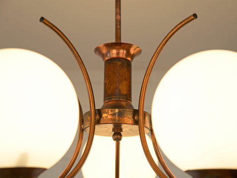 Vintage Copper Chandelier with 5 Milk Glass Globes, Yugoslavia 1970s, Mid Century Pendant Lamp, Rustic Farmhouse Ceiling Light