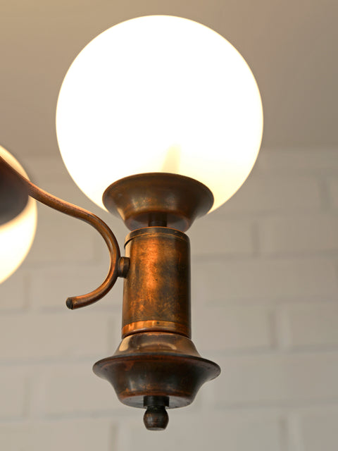 Vintage Copper Chandelier with 5 Milk Glass Globes, Yugoslavia 1970s, Mid Century Pendant Lamp, Rustic Farmhouse Ceiling Light