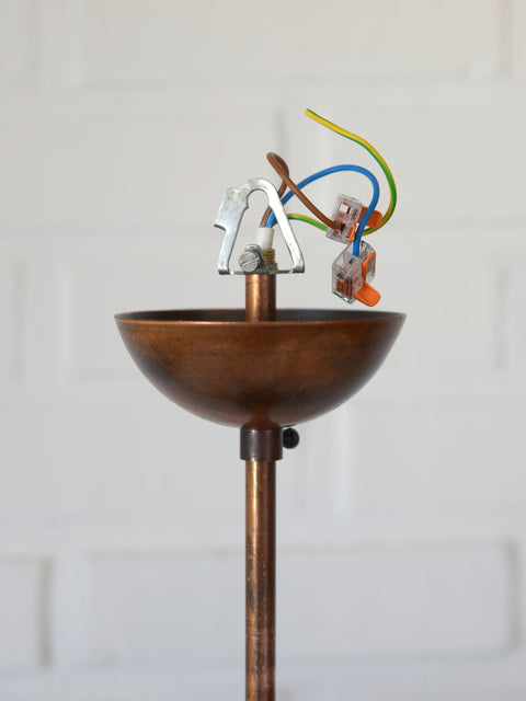 Vintage Copper Chandelier with 5 Milk Glass Globes, Yugoslavia 1970s, Mid Century Pendant Lamp, Rustic Farmhouse Ceiling Light