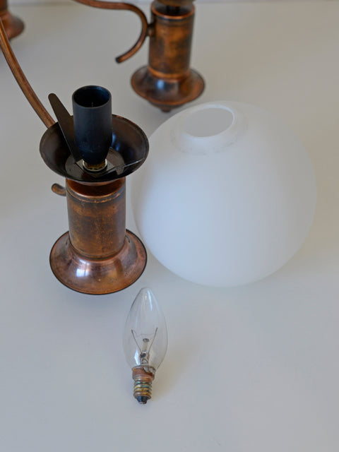 Vintage Copper Chandelier with 5 Milk Glass Globes, Yugoslavia 1970s, Mid Century Pendant Lamp, Rustic Farmhouse Ceiling Light
