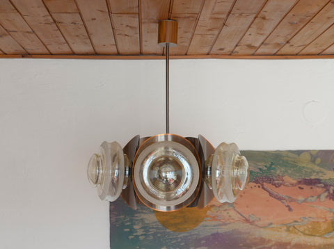 Vintage Copper Sputnik Chandelier, Brutalist Amber Glass Pendant Light