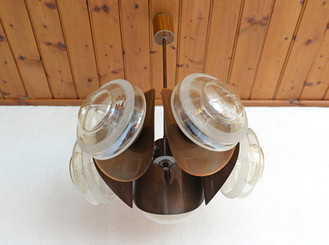 Vintage Copper Sputnik Chandelier, Brutalist Amber Glass Pendant Light