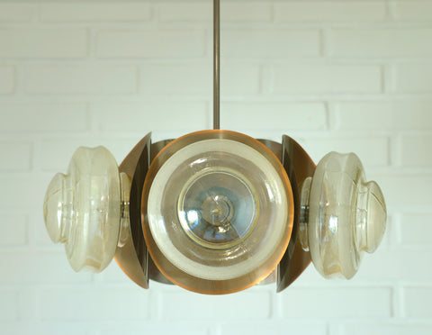 Vintage Copper Sputnik Chandelier, Brutalist Amber Glass Pendant Light