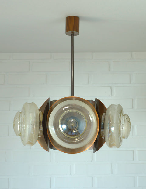 Vintage Copper Sputnik Chandelier, Brutalist Amber Glass Pendant Light