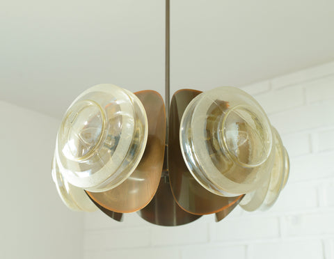 Vintage Copper Sputnik Chandelier, Brutalist Amber Glass Pendant Light