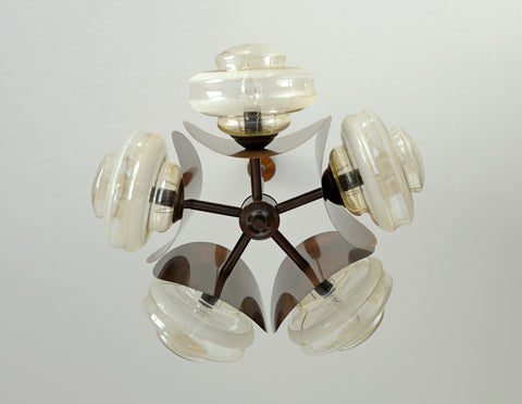 Vintage Copper Sputnik Chandelier, Brutalist Amber Glass Pendant Light