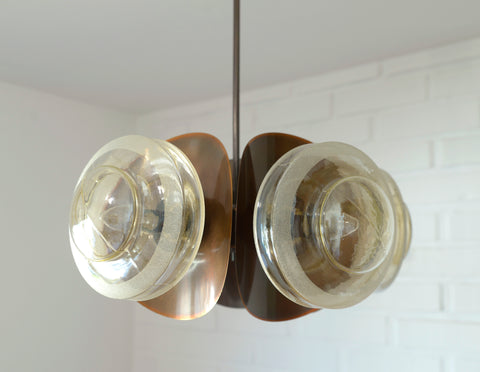 Vintage Copper Sputnik Chandelier, Brutalist Amber Glass Pendant Light