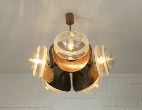 Vintage Copper Sputnik Chandelier, Brutalist Amber Glass Pendant Light