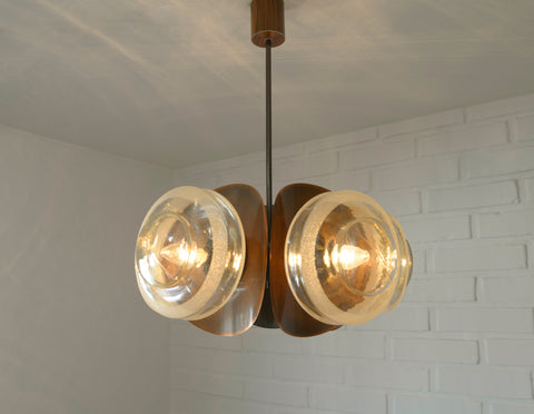 Vintage Copper Sputnik Chandelier, Brutalist Amber Glass Pendant Light