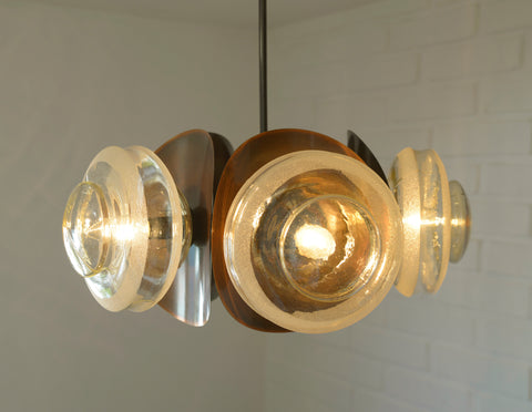 Vintage Copper Sputnik Chandelier, Brutalist Amber Glass Pendant Light