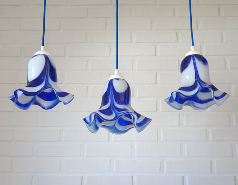 Vintage Hanging Lamp / Set of 3 Blue Mazzega Murano Glass  Pendant Lights / Redesign
