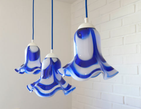 Vintage Hanging Lamp / Set of 3 Blue Mazzega Murano Glass  Pendant Lights / Redesign