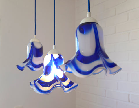 Vintage Hanging Lamp / Set of 3 Blue Mazzega Murano Glass  Pendant Lights / Redesign
