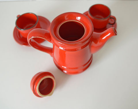 Vintage Red Ceramic Teapot Set: Mid Century KIL Yugoslavia