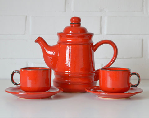 Vintage Red Ceramic Teapot Set: Mid Century KIL Yugoslavia