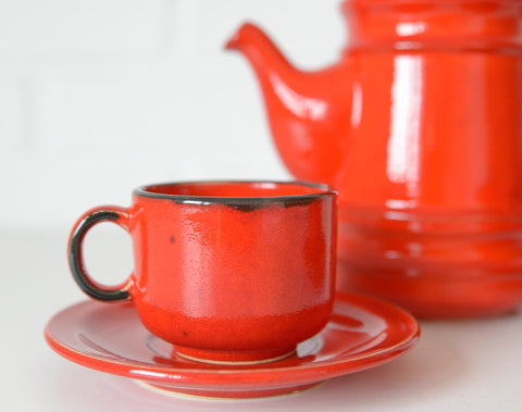 Vintage Red Ceramic Teapot Set: Mid Century KIL Yugoslavia