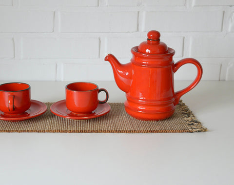Vintage Red Ceramic Teapot Set: Mid Century KIL Yugoslavia