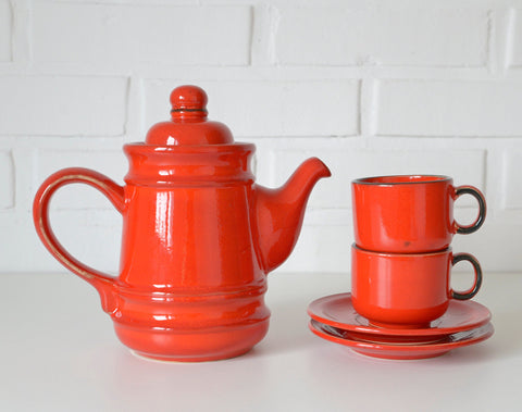 Vintage Red Ceramic Teapot Set: Mid Century KIL Yugoslavia