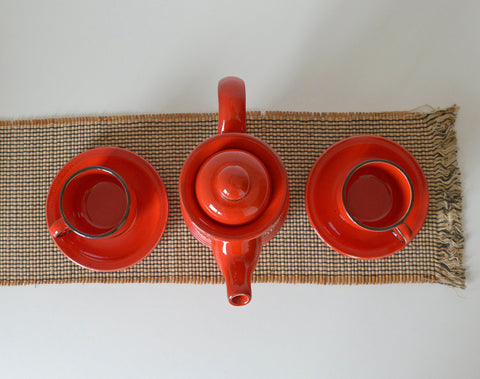 Vintage Red Ceramic Teapot Set: Mid Century KIL Yugoslavia