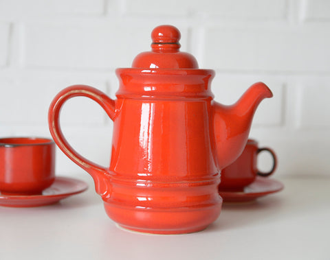 Vintage Red Ceramic Teapot Set: Mid Century KIL Yugoslavia