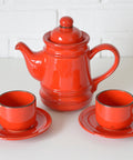 Vintage Red Ceramic Teapot Set: Mid Century KIL Yugoslavia