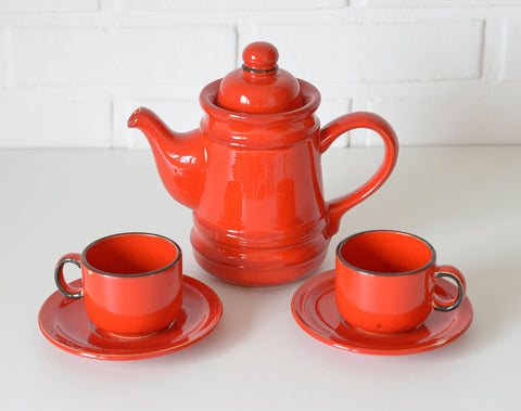 Vintage Red Ceramic Teapot Set: Mid Century KIL Yugoslavia