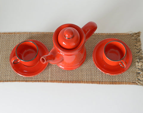 Vintage Red Ceramic Teapot Set: Mid Century KIL Yugoslavia
