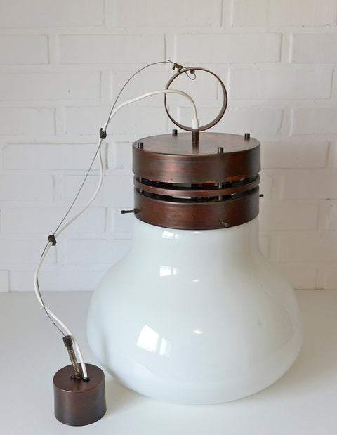 Brutalist Copper Pendant Light: XL Hand Blown Glass Chandelier, 80s Yugoslavia
