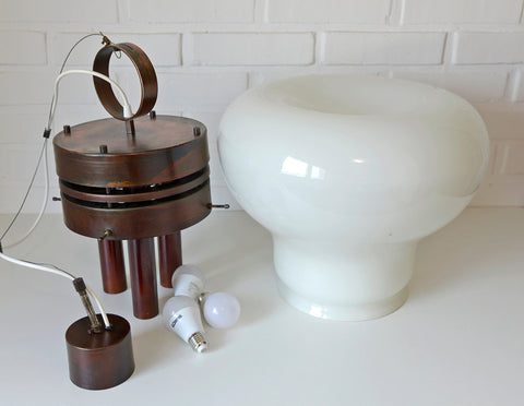 Brutalist Copper Pendant Light: XL Hand Blown Glass Chandelier, 80s Yugoslavia
