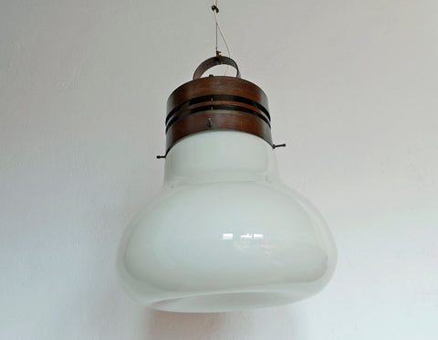 Brutalist Copper Pendant Light: XL Hand Blown Glass Chandelier, 80s Yugoslavia