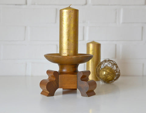 Handmade Wood Candle Holder: Large Vintage Rustic Art Deco Candlestick