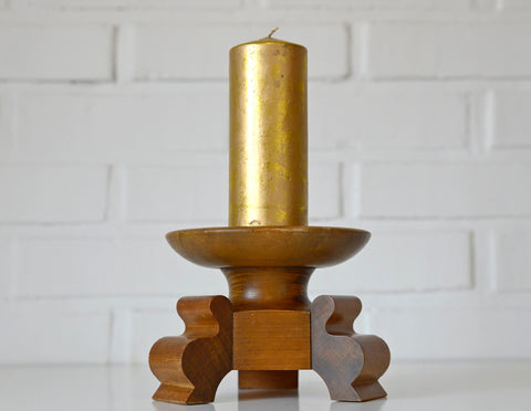 Handmade Wood Candle Holder: Large Vintage Rustic Art Deco Candlestick